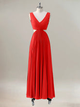 Red A-Line V Neck Pleated Chiffon Hollow Out Knee Length Bridesmaid Dress