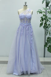 Lilac A Line One Shoulder Long Prom Dress with Appliques
