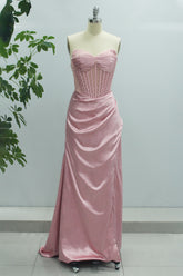 Pink Mermaid Strapless Satin Long Prom Dress with Slit