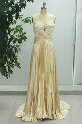 Champagne A Line Long Strapless Satin Chest Wrap Prom Dress with Slit