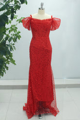 Sparkly Red Mermaid Cold Shoulder Long Prom Dress