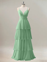 Green A Line V Neck Tiered Long Bridesmaid Dress with Lace Up Back