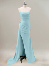 Sky Blue Mermaid Strapless Ruched Long Bridesmaid Dress with Slit