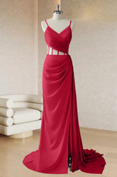 Red Mermaid Spaghetti Straps Pleated Corset Long Prom Dress with Slit