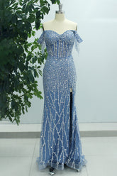 Purple Mermaid Sparkly Off The Shoulder Long Prom Dress with Slit