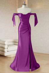Purple Mermaid Off The Shoulder Ruched Corset Long Prom Dress with Slit