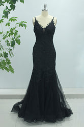 Sparkly Black Mermaid Spaghetti Straps Long Prom Dress with Appliques