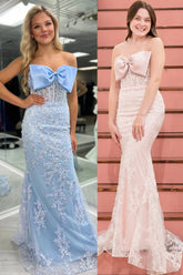 Blue Mermaid Stunning Strapless Lace Appliques Long Prom Dress with Bow