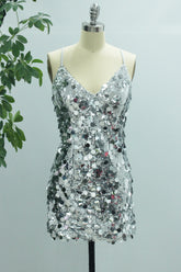Silver Mermaid Spaghetti Straps Sequin Short V-Neck Homecoming Dress
