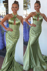 Green Mermaid Halter Satin Pleated Long Prom Dress