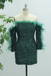 Sparkly Dark Green Mermaid Strapless Short Homecoming Dress with Feather