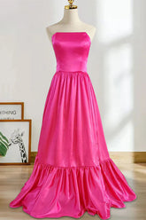 Red A Line Strapless Satin Long Prom Dress with Slit