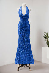 Glitter Royal Blue Mermaid Halter Open Back Long Prom Dress with Sequins