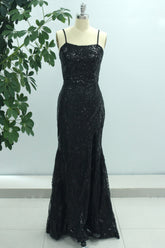 Sparkly Black Mermaid Spaghetti Straps Long Prom Dress with Slit