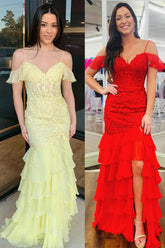 Yellow Mermaid Ruffles Cold Shoulder V-Neck Long Prom Dress with Appliques