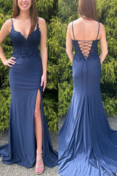 Navy Blue Mermaid Spaghetti Straps V-Neck Appliques Long Prom Dress with Slit