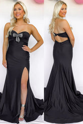 Black Mermaid Strapless Sweetheart Bows Prom Dress with Slit
