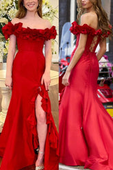 Red A-Line Off The Shoulder Ruched Ruffles Prom Dress with Slit