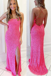 Hot Pink Mermaid Strapless Sequins Long Prom Dress with Slit