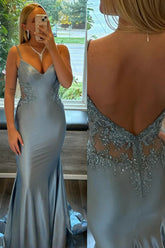 Blue Mermaid Spaghetti Straps V-Neck Pleated Prom Dress with Appliques