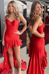 Red Mermaid Strapless Ruffles Long Prom Dress with Train