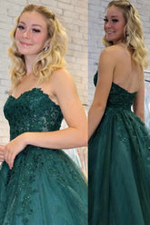 Green A Line Strapless Sweetheart Tulle Long Prom Dress with Appliques