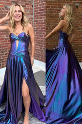 Purple A-Line Strapless Keyhole Pleated Metallic Prom Dress with Slit