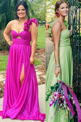 Fuchsia A-Line One Shoulder Keyhole Pleated Long Prom Dress with Slit