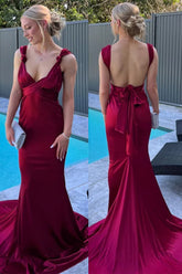Burgundy Mermaid Straps Satin Pleated Long Prom Dress with Train