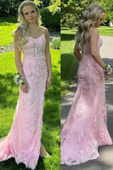 Pink Mermaid Spaghetti Straps Appliques Long Prom Dress with Slit