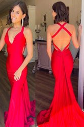 Red Mermaid Plunging V-Neck Open Back Long Prom Dress