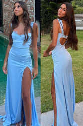 Light Blue Mermaid Corset Cutout Long Prom Dress with Slit