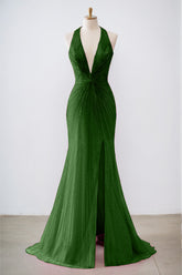 Sparkly Dark Green Mermaid Halter Deep V Neck Long Prom Dress with Slit