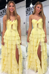 Yellow A Line Chiffon Ruffle Tiered Prom Dress with Slit