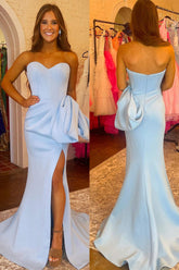Light Blue Mermaid Strapless Bow Long Prom Dress with Slit