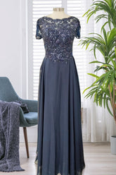 Navy A-Line Scoop Long Mother of the Bride Dress with Beadings