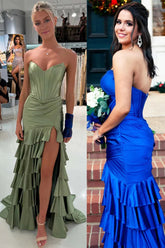 Green Mermaid Strapless V-Neck Pleated Satin Tiered Long Prom Dress with Slit