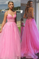Pink A-Line V-Neck Spaghetti Straps Prom Dress with Appliques