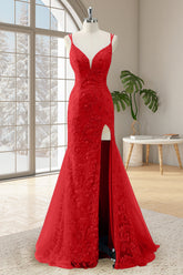 Red Mermaid Spaghetti Straps Sequin Long Prom Dress with Appliques