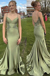 Green Mermaid Spaghetti Straps Long Prom Dress with Appliques