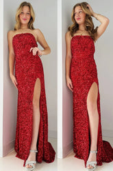 Red Mermaid Sequin Strapless Backless Long Prom Dress with High Slit
