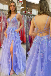 Lavender A Line V-Neck Sequined Appliques Long Prom Dress with Slit