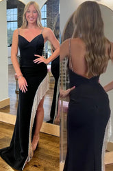 Black Mermaid Spaghetti Straps V-Neck Tassels Long Prom Dress with Slit