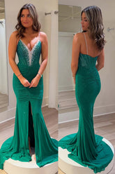 Green Mermaid Deep V Neck Beaded Prom Dress with Slit
