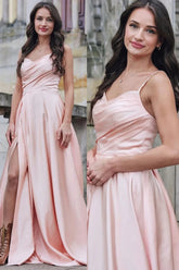 Pink A-Line Spaghetti Straps Pleated Long Prom Dress with Slit
