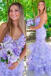 Purple Mermaid Stunning V-Neck Spaghetti Straps Long Prom Dress with Appliques