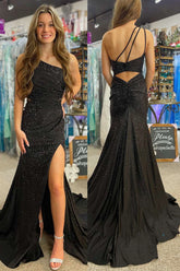 Black Mermaid One Shoulder Beaded Long Prom Dress with Slit