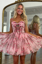 Pink Floral Corset A-Line Short Homecoming Dress with Ruffles