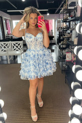 Light Blue A Line Floral Ruffled Short Corset Homecoming Dress To Impress