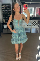 Grey Blue A Line Ruffled Short Corset Homecoming Dress To Impress